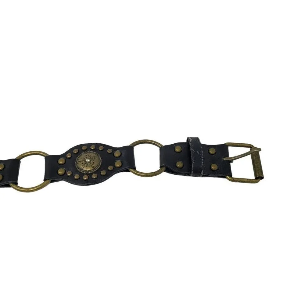 Unisex Vintage-Inspired Black Vegan Leather Belt Brass Concho Studs Chain Hip XL